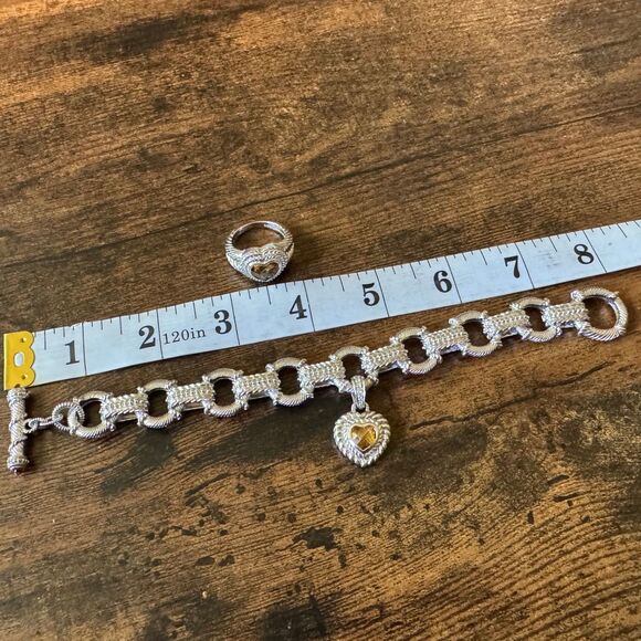 JUDITH RIPKA STERLING SILVER BRACELET w CITRINE HEART ENHANCER CHARM + RING Sz 8 - Picture 10 of 10